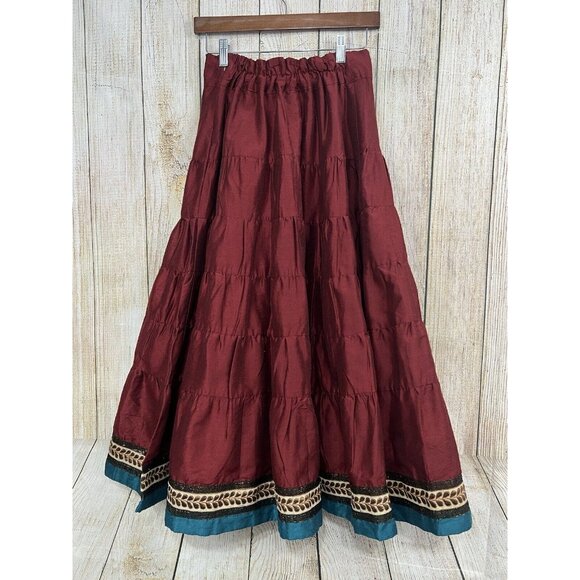Women Tiered Midi Skirt Sz M Burgundy A-Line Full Boho Western‎ Cowgirl India - Picture 8 of 9